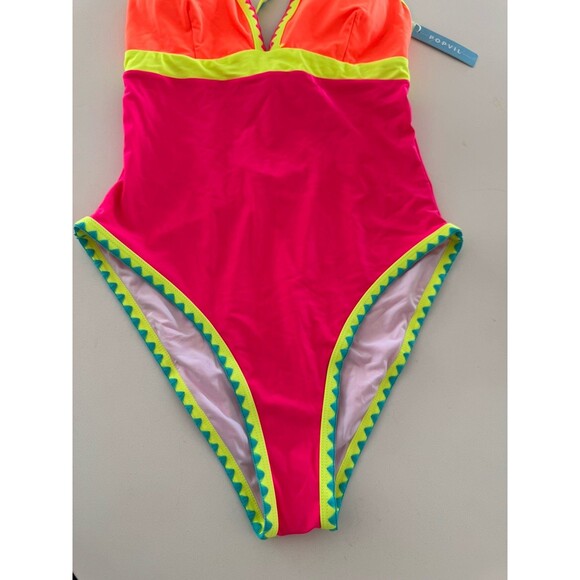 Popvil Neon Color Block One Piece Bathing Suit Women Tummy Control swimsuit L - Picture 10 of 15